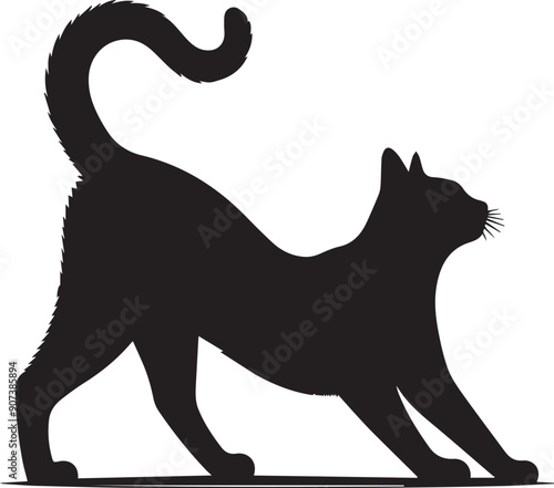 Cats collection silhouette, Cat silhouette, black silhouette cat stretching full body,