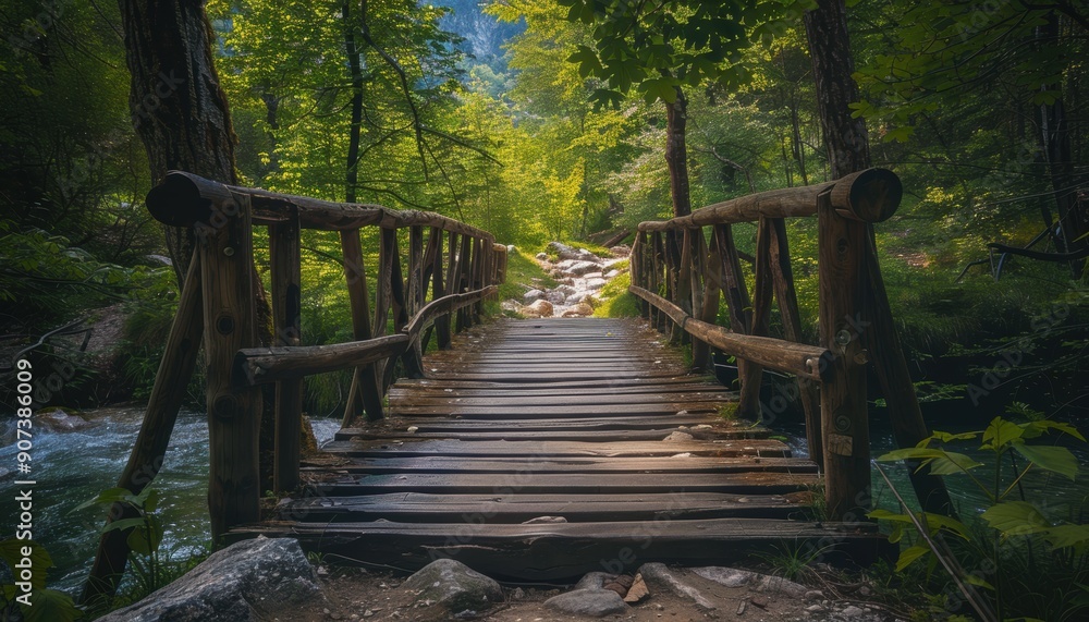 Serene Wooden Footbridge Over Tranquil Stream Surrounded by Lush Greenery in a Peaceful Forest Serene Wooden Footbridge Over Tranquil Stream Surrounded by Lush Greenery in a Peaceful Forest