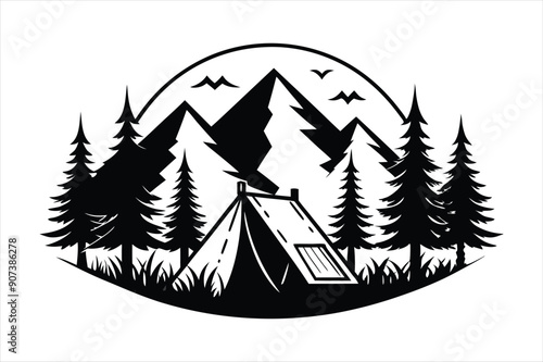 Tent in Forest black vector