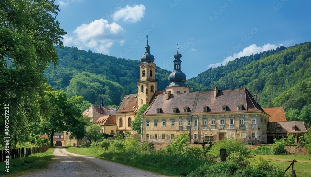 A Winding Road Leading to an Ancient Monastery in the German Alps A Winding Road Leading to an Ancient Monastery in the German Alps