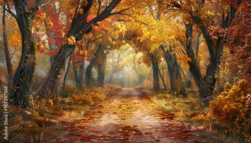 Golden Autumn Path Through a Misty Forest