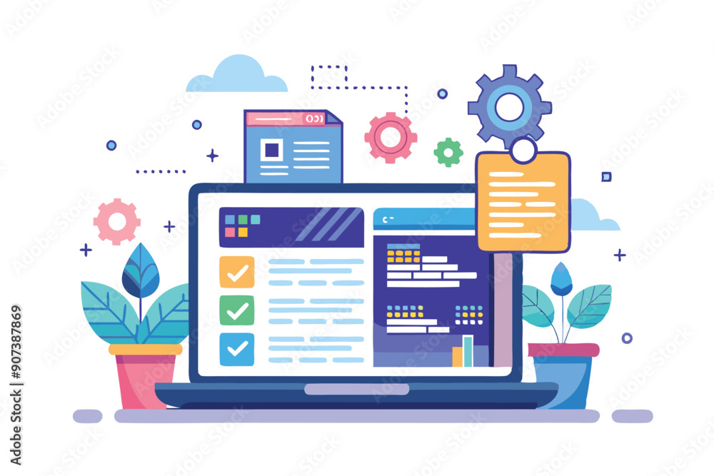 Laptop with Open Browser Window and Checkmarks, Surrounded by Gears and Plants Laptop with Open Browser Window and Checkmarks, Surrounded by Gears and Plants
