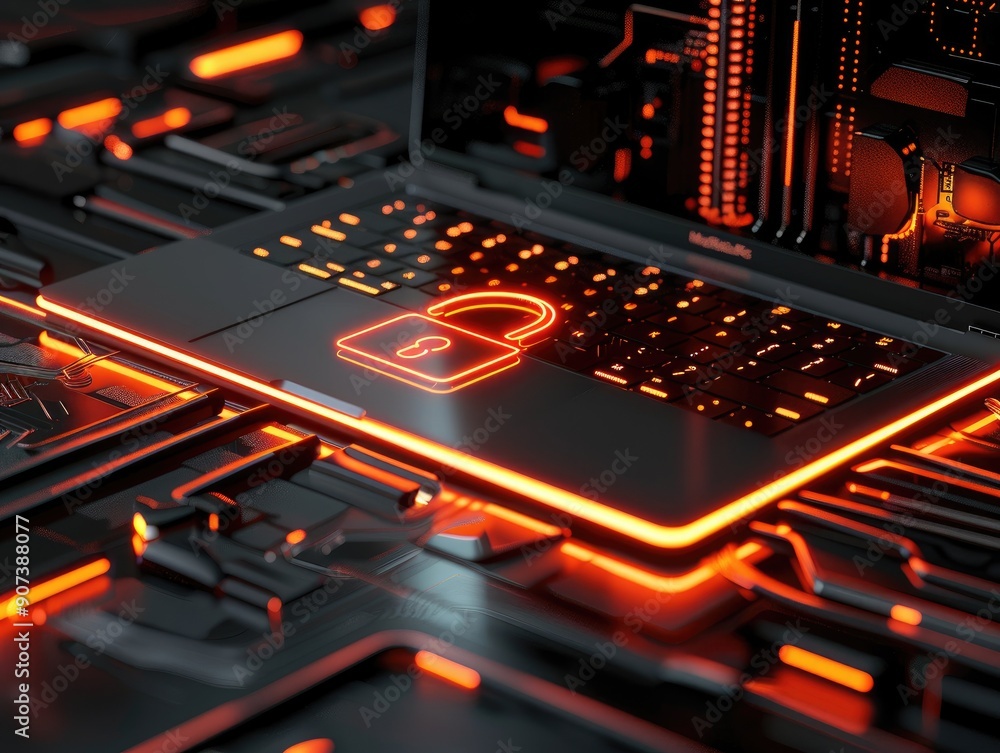 Laptop with a glowing lock symbol on its screen, representing cybersecurity, data protection, and secure technology in a visually striking manner. Laptop with a glowing lock symbol on its screen, representing cybersecurity, data protection, and secure technology in a visually striking manner.