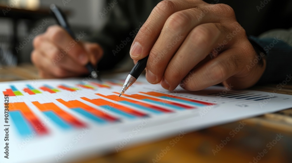 Person working with financial charts on wooden desk. Person working with financial charts on wooden desk.