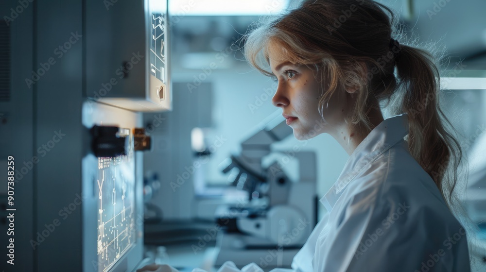 A focused scientist with long hair uses a microscope in a laboratory, exploring scientific research A focused scientist with long hair uses a microscope in a laboratory, exploring scientific research