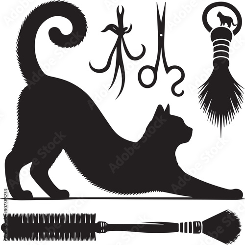 Cats collection silhouette, Cat silhouette, black silhouette cat stretching full body,