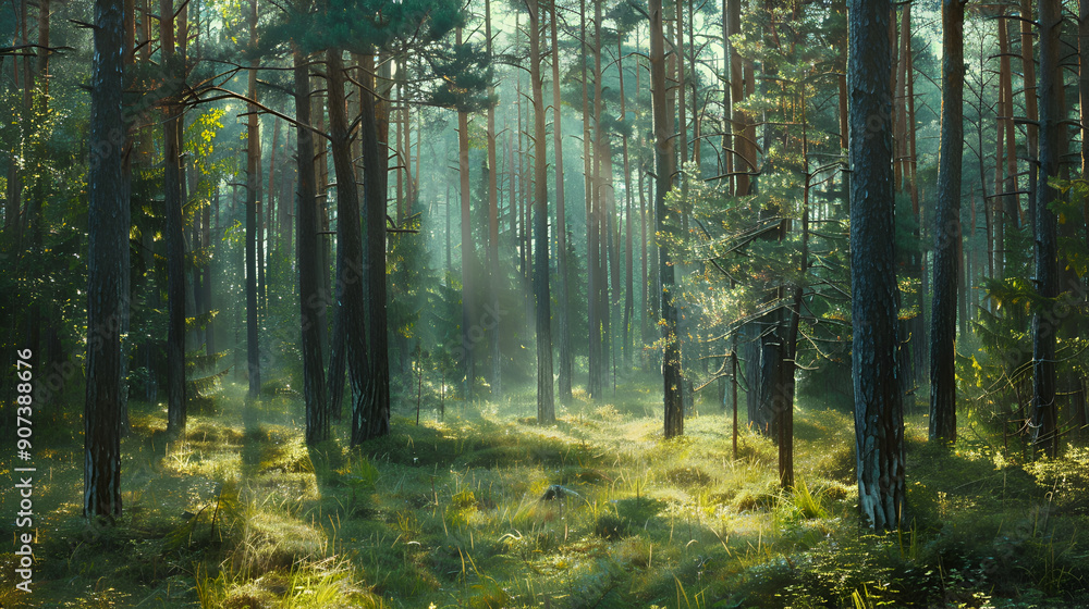 Obraz premium Sunrise in the pine forest Beautiful summer landscape