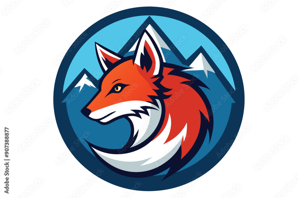 Obraz premium Red Fox Head with Mountains in a Blue Circular Frame