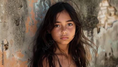 Portrait of a Young Girl With Long Dark Hair Against an Old Ruined Wall in Daylight