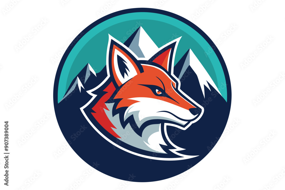 Obraz premium Red Fox Head with Mountain Background in a Circle