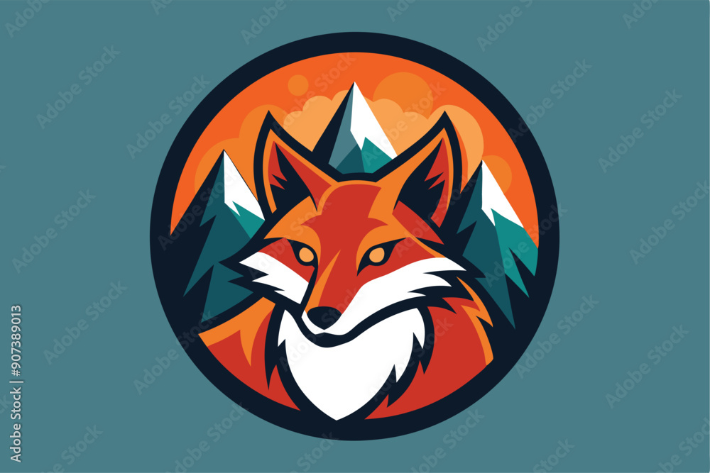 Red Fox with Mountains and Sunset in a Circle Red Fox with Mountains and Sunset in a Circle
