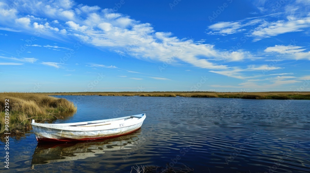 A Solitary Boat on a Serene Lake Under a Blue Sky A Solitary Boat on a Serene Lake Under a Blue Sky