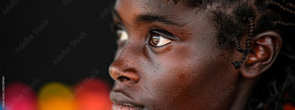 A tight shot of a young girl's face against a black backdrop, surrounded by multicolored lights A tight shot of a young girl's face against a black backdrop, surrounded by multicolored lights