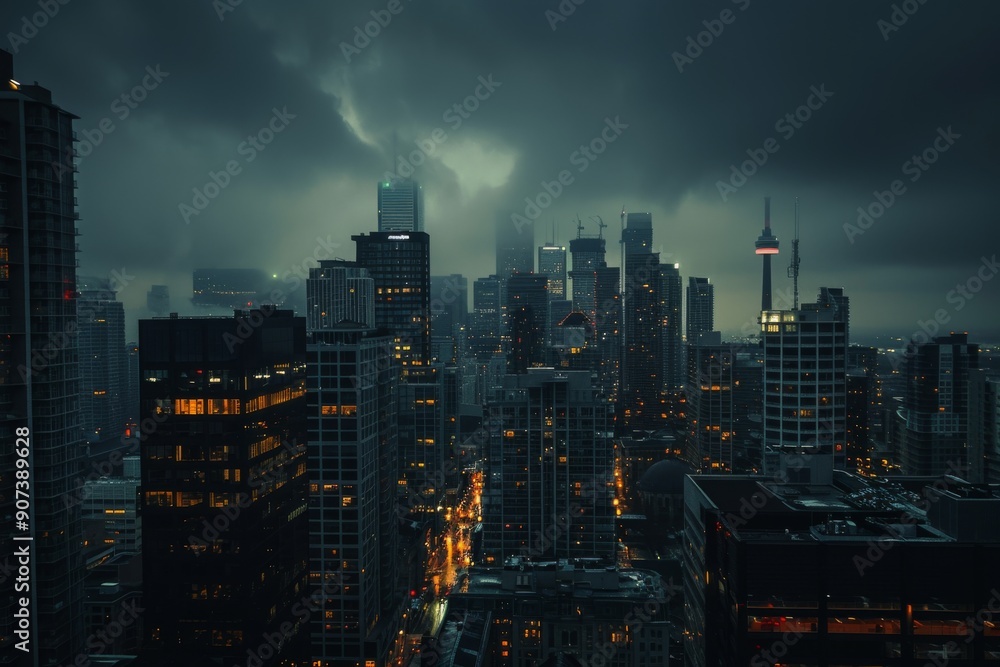 Fototapeta premium A dark and moody city skyline with dramatic lighting and shadows, AI generated