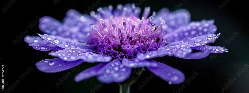 A tight shot of a purple flower, adorned with water droplets on its petals, and the floret at its core A tight shot of a purple flower, adorned with water droplets on its petals, and the floret at its core