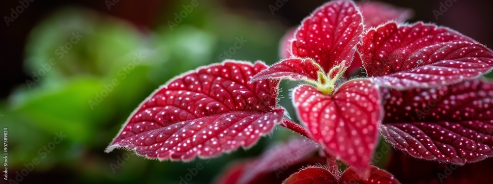 A red and white flower in focus, adorned with water droplets on its petals against a verdant backdrop A red and white flower in focus, adorned with water droplets on its petals against a verdant backdrop