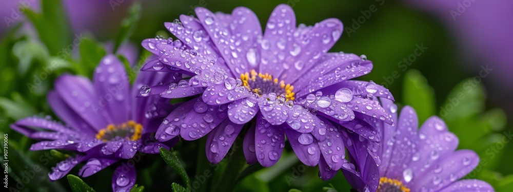 Close-up of purple flowers with dewdrops and green leaves in the background Close-up of purple flowers with dewdrops and green leaves in the background