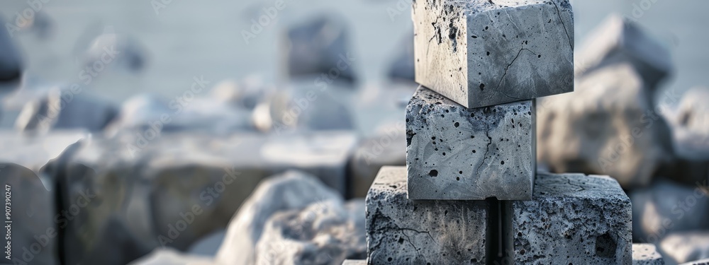 A pile of cement blocks rests beside a body of water, atop ice-covered rocks A pile of cement blocks rests beside a body of water, atop ice-covered rocks