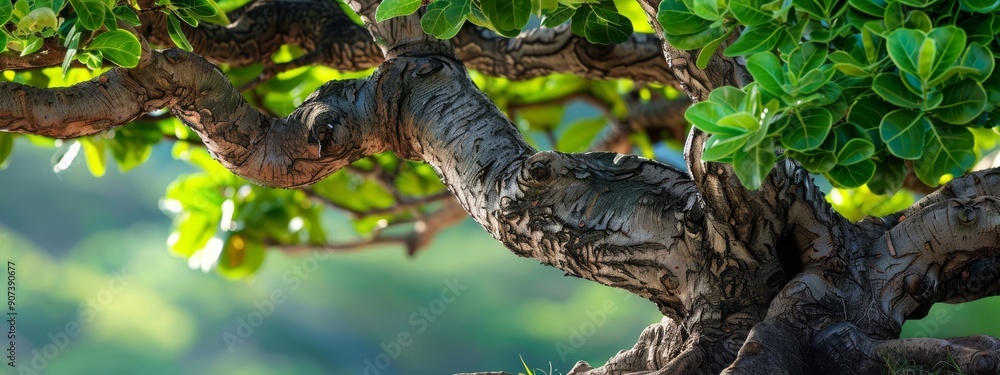 A tree trunk, tightly filled with green leaves, against a softly blurred backdrop of trees A tree trunk, tightly filled with green leaves, against a softly blurred backdrop of trees