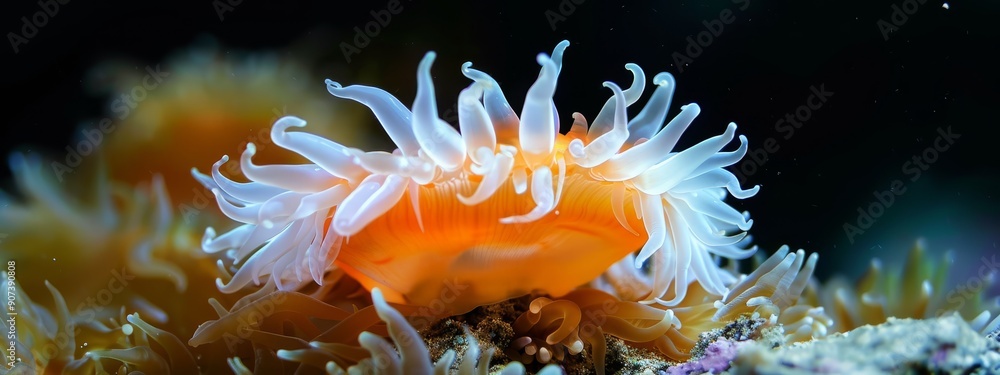 An orange-white sea anemone sits atop another on black background An orange-white sea anemone sits atop another on black background