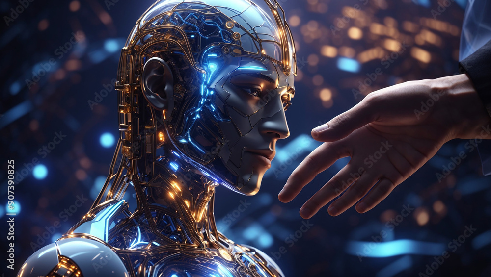 robot's face with a human hand reaching out to touch it. robot's face with a human hand reaching out to touch it.