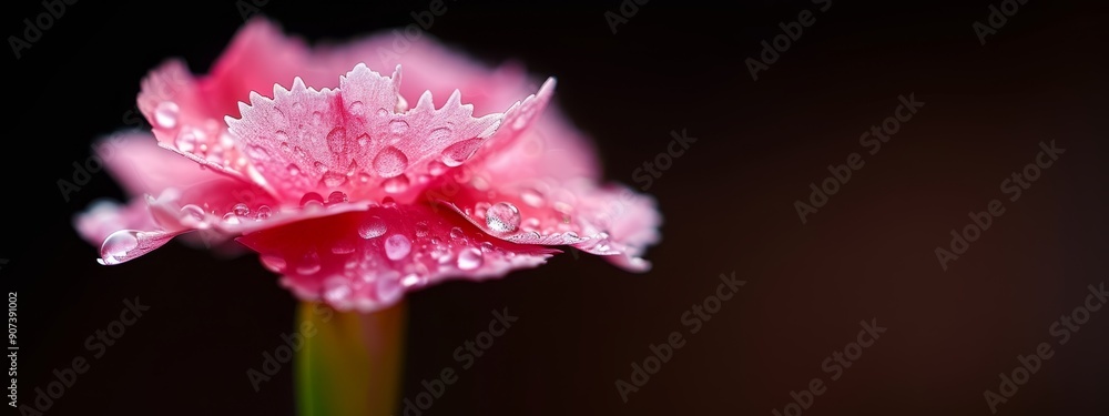 Close-up of a pink flower with dewdrops on petals and a green stem against a black backdrop Close-up of a pink flower with dewdrops on petals and a green stem against a black backdrop