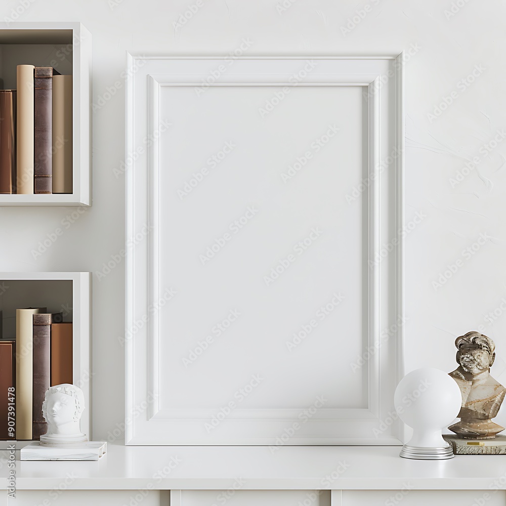 An unoccupied white picture frame mockup on a smooth white wall, complemented by a pair of stylish bookends and a small sculpture on a nearby bookshelf. An unoccupied white picture frame mockup on a smooth white wall, complemented by a pair of stylish bookends and a small sculpture on a nearby bookshelf.
