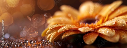  A tight shot of a yellow flower, dewdrops glistening on its petals, backdrop softly blurred