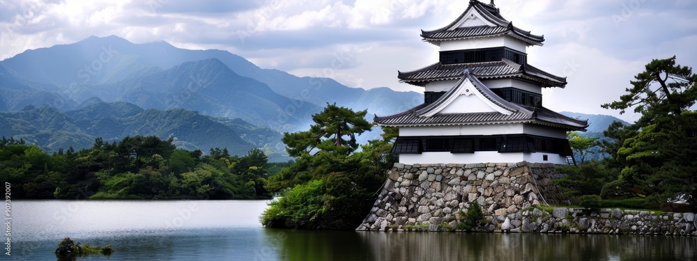A tall, white-black building perches atop a serene lake Surrounding it is a lush, verdant forest teeming with trees A tall, white-black building perches atop a serene lake Surrounding it is a lush, verdant forest teeming with trees