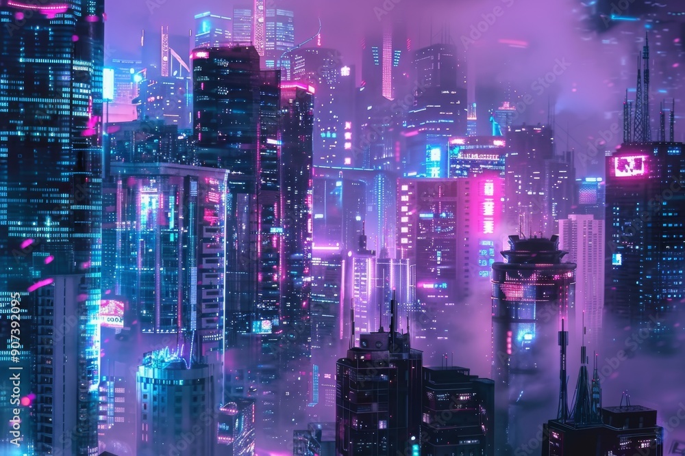 Obraz premium An illustration of a futuristic urban landscape at night, featuring sleek architecture and vibrant lights, A cyberpunk-inspired city skyline with neon signs and futuristic technology, AI generated
