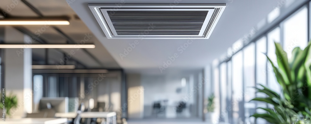Architectural detail of a stylish ceiling vent in a modern office space, sleek lines Architectural detail of a stylish ceiling vent in a modern office space, sleek lines