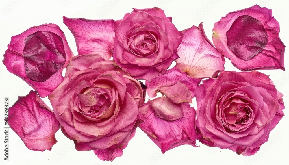Dried Pink Rose Petals and Buds Arranged on White Background Dried Pink Rose Petals and Buds Arranged on White Background