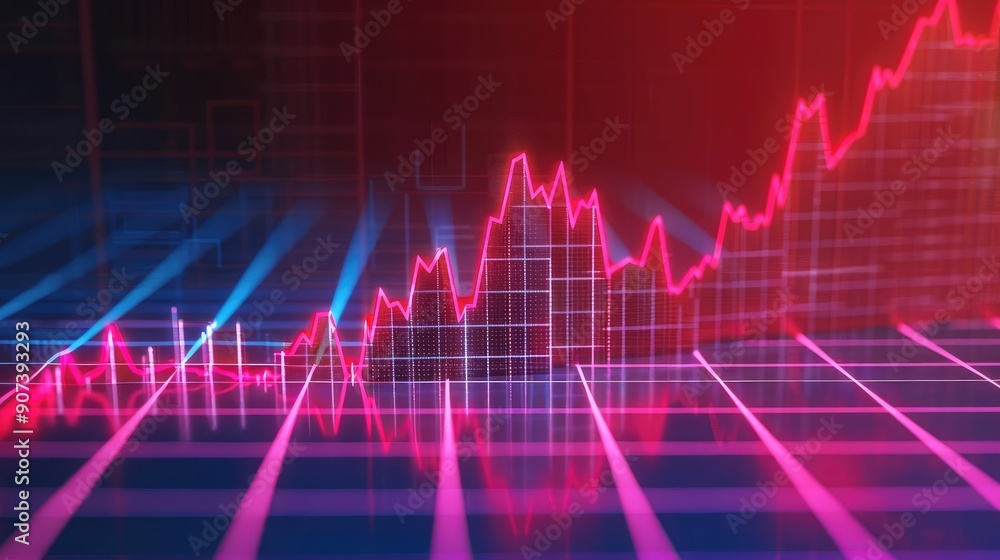 Financial downturn, holographic price fall, futuristic business losses, neon tech background Financial downturn, holographic price fall, futuristic business losses, neon tech background
