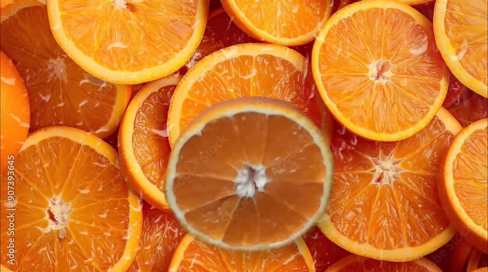 Oranges slices with water droplets. Seamless loop video background Oranges slices with water droplets. Seamless loop video background