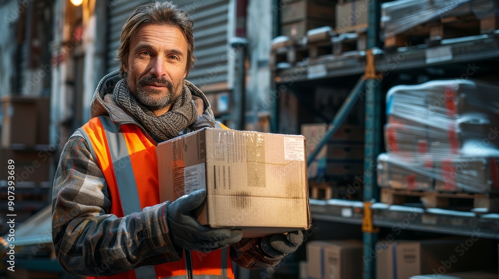 Warehouse Worker Holding Package Inside Busy Distribution Center During Evening Hours. Generative AI Warehouse Worker Holding Package Inside Busy Distribution Center During Evening Hours. Generative AI