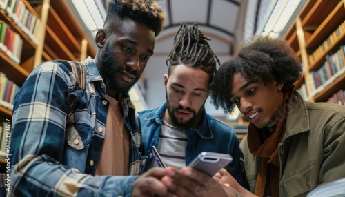 Three Young Men Looking At A Smartphone In A Library