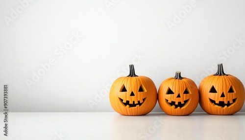 Beautifully carved Halloween pumpkins on a clean white table, stylish and minimalistic design, festive atmosphere, copy space