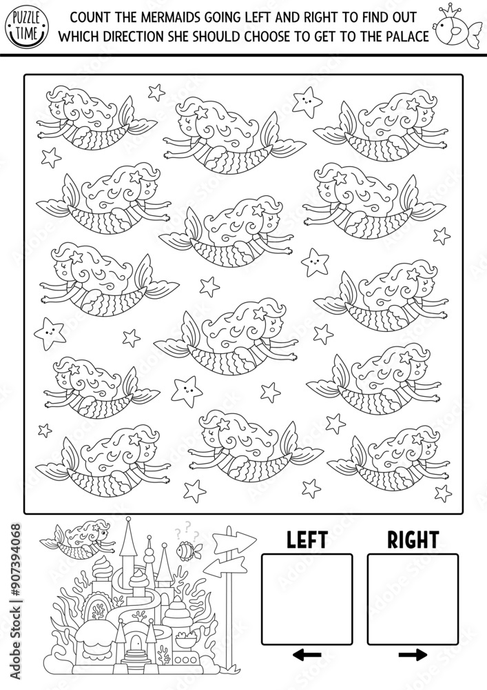 Vetor do Stock: Mermaid logic black and white game with right and left ...