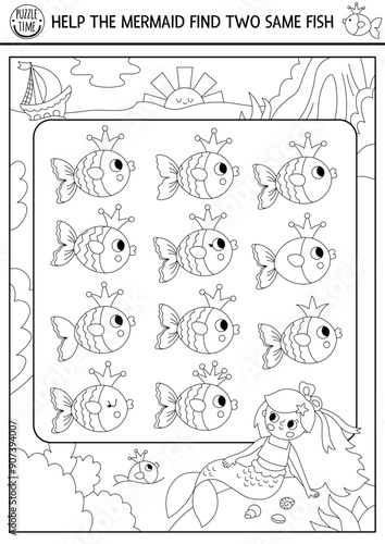Find two same fish. Black and white fairytale ocean kingdom matching activity with mermaid and sea landscape. Marine educational quiz worksheet for kids. Line printable game, coloring page