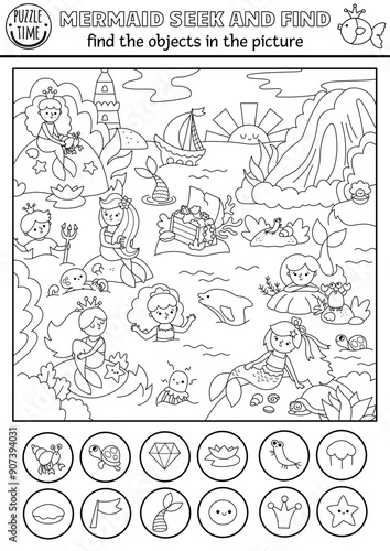 Mermaid vector black and white searching game with sea lagoon landscape. Spot hidden objects coloring page. Ocean kingdom seek and find printable activity for kids with waterfall, dolphin