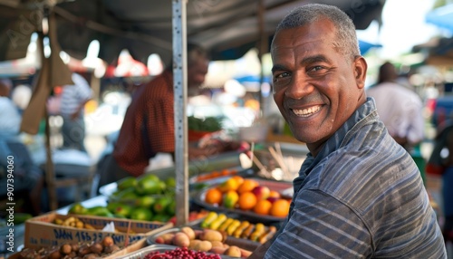 Happy Man Shopping for Produce at an Outdoor Market