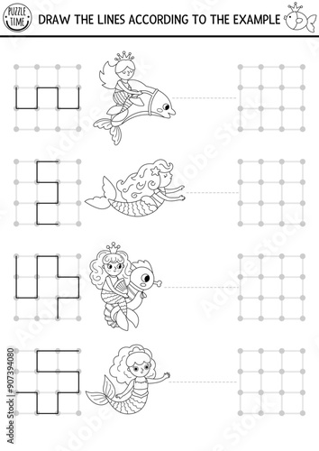 Mermaid black and white drawing, writing, tracing, space orientation activity for kids with sea princess. Draw the lines in square box coloring page. Ocean kingdom printable game, line puzzle