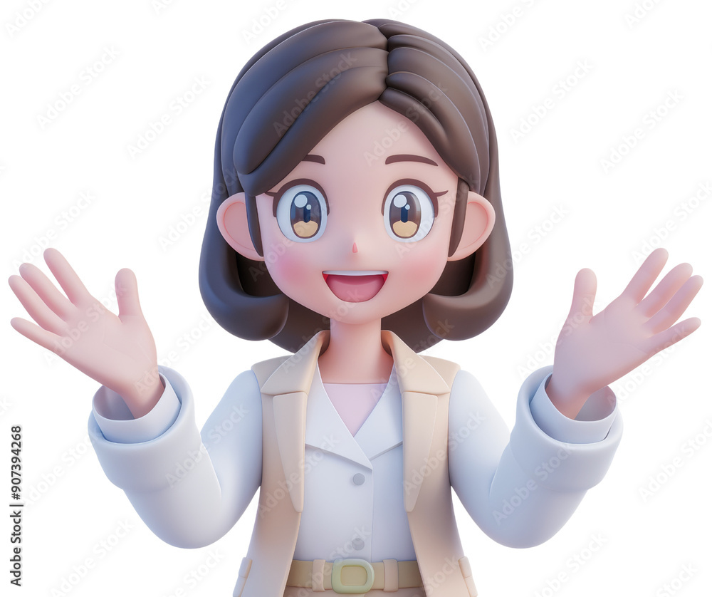 Cheerful 3D Animated Woman with Brown Hair and Glasses Waving Hands in Friendly Greeting Cheerful 3D Animated Woman with Brown Hair and Glasses Waving Hands in Friendly Greeting