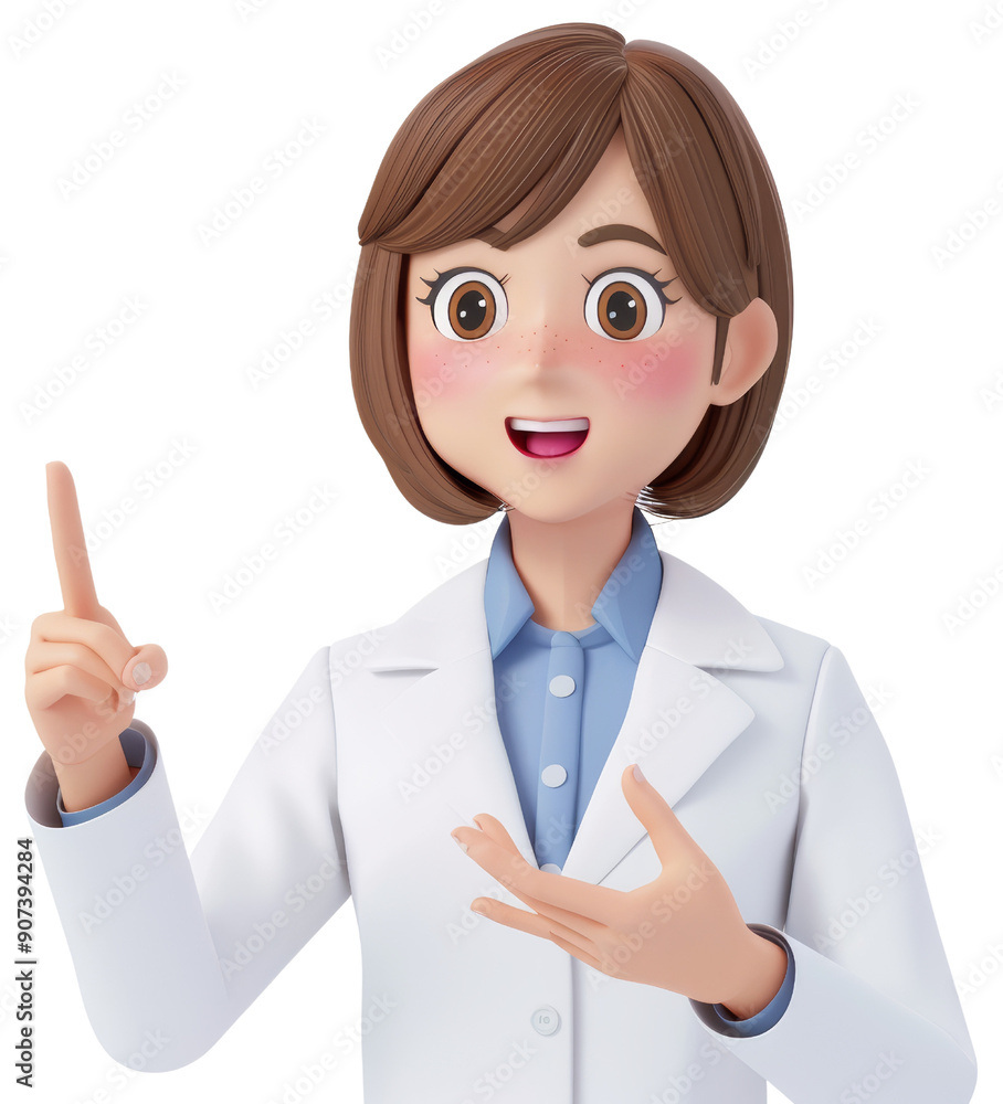 Animated Female Scientist Character Pointing Upwards in White Lab Coat with Friendly Expression Animated Female Scientist Character Pointing Upwards in White Lab Coat with Friendly Expression