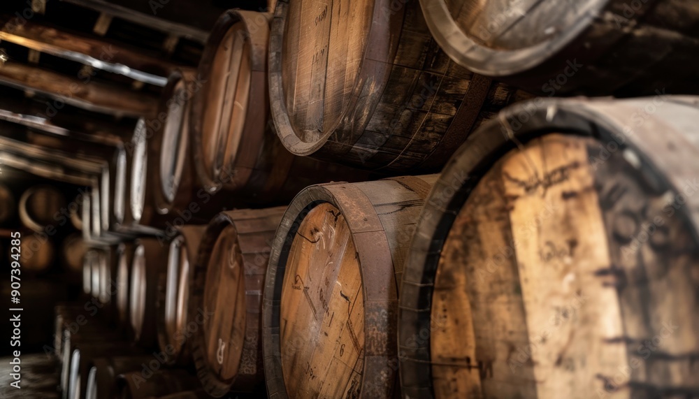 Rustic Wooden Barrels Stored in a Dark Winery Cellar With Soft Lighting Rustic Wooden Barrels Stored in a Dark Winery Cellar With Soft Lighting