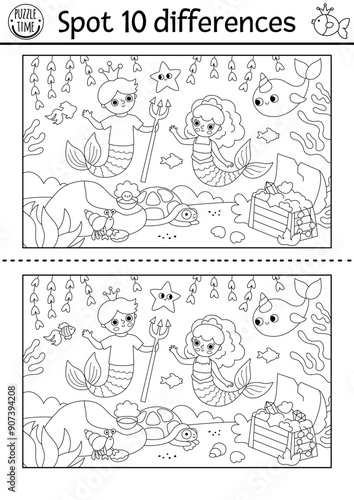 Find differences game. Mermaid black and white educational activity with sea princess, merman, treasure chest. Puzzle for kids. Printable line worksheet or coloring page for attention skills