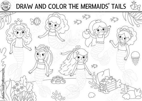 Mermaid black and white drawing, writing, tracing and coloring activity for kids with sea princess and tails. Ocean kingdom preschool printable coloring page. Marine fairytale game, puzzle