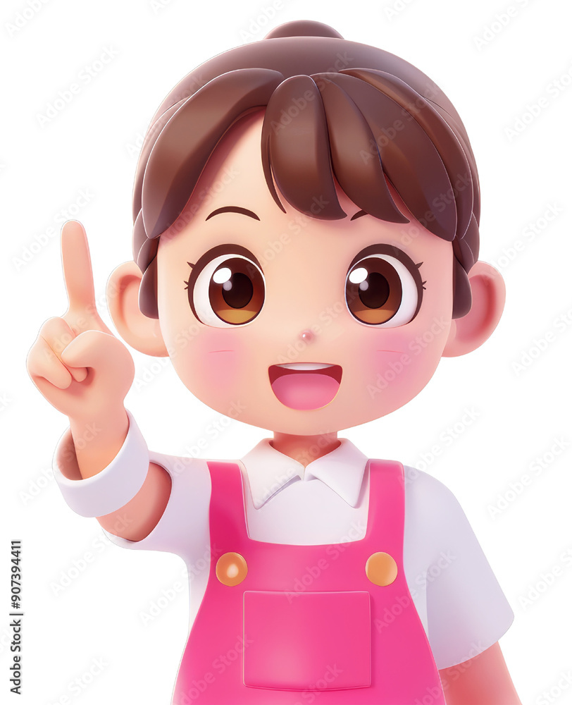 Cute 3D Animated Girl Pointing Upwards with a Cheerful Expression in Pink Overalls and White Shirt Cute 3D Animated Girl Pointing Upwards with a Cheerful Expression in Pink Overalls and White Shirt