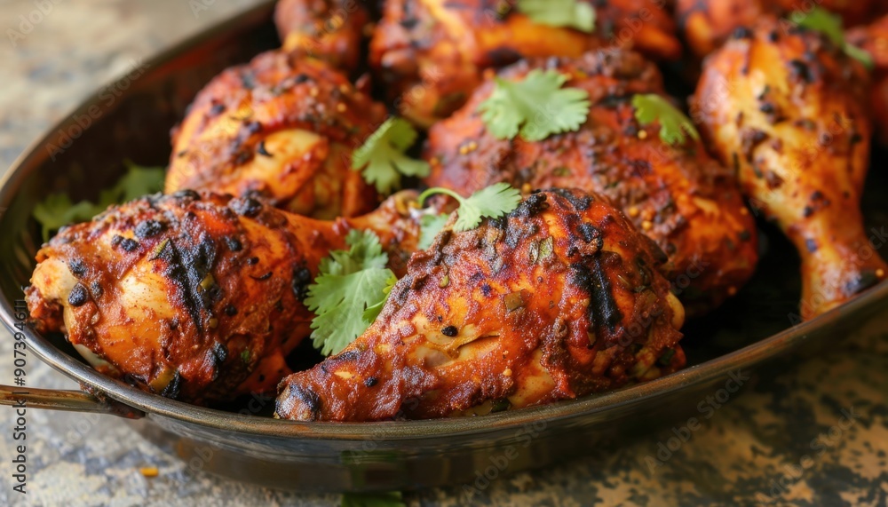 Grilled Chicken Legs With Cilantro in a Metal Serving Dish Grilled Chicken Legs With Cilantro in a Metal Serving Dish