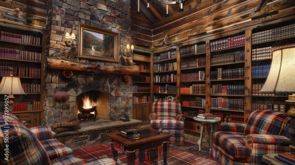 A home library with a rustic, mountain cabin design, featuring log walls, a stone fireplace, and cozy, plaid furniture. A home library with a rustic, mountain cabin design, featuring log walls, a stone fireplace, and cozy, plaid furniture.